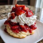 A delicious, tall strawberry shortcake featuring a flaky biscuit base piled high with macerated strawberries and fresh whipped cream.