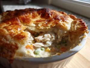Close-up of a bubbling turkey pot pie recipe filling with shredded turkey, peas, and carrots under a golden, flaky crust.
