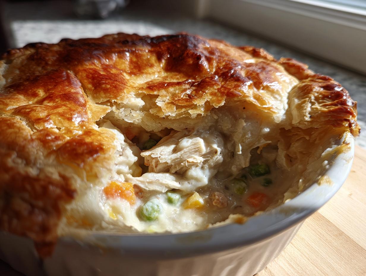 Close-up of a bubbling turkey pot pie recipe filling with shredded turkey, peas, and carrots under a golden, flaky crust.