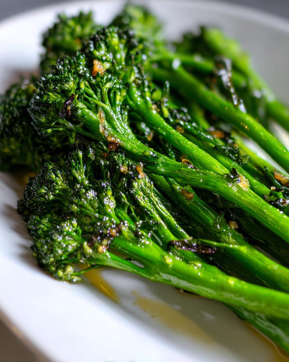 Close-up, vibrant green stalks of sautéed broccolini glistening with oil and seasonings, ready to serve.