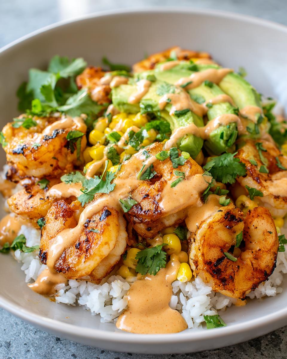 Close-up of a delicious shrimp bowl featuring grilled shrimp, rice, corn, sliced avocado, and a creamy orange sauce.