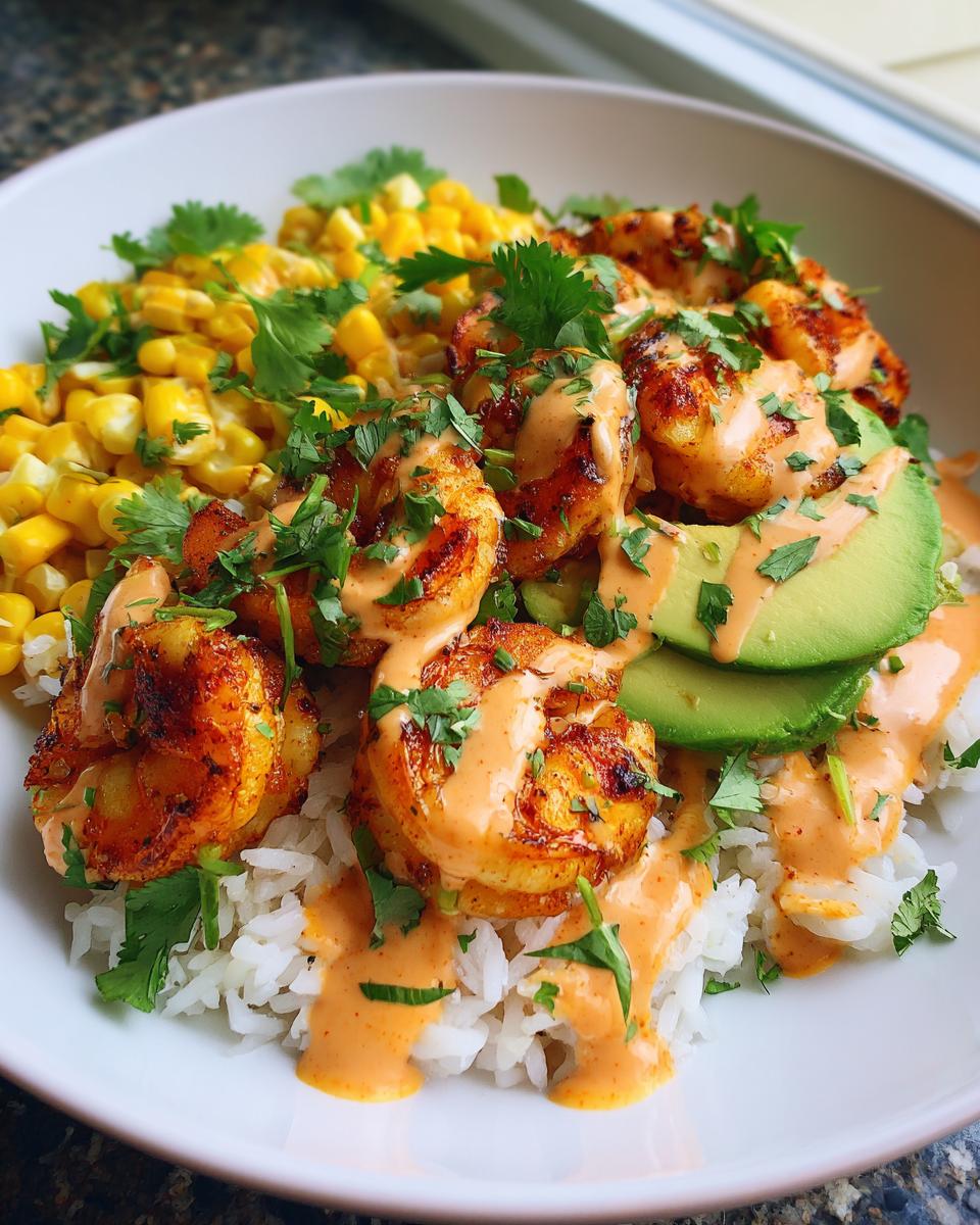 Close-up of a vibrant shrimp bowl featuring seasoned shrimp, white rice, corn, avocado slices, and a creamy orange sauce.