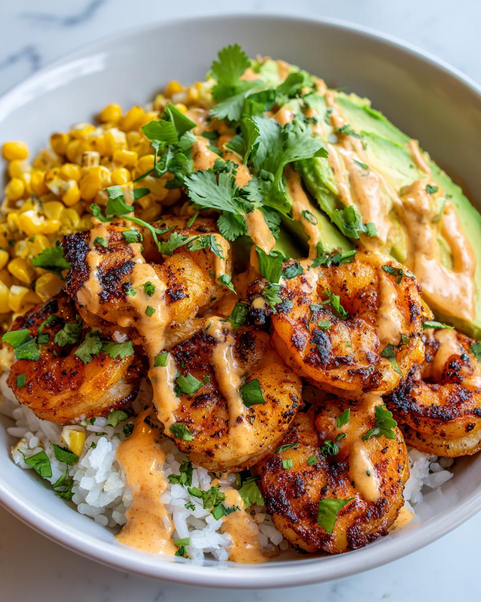 Close-up of a vibrant shrimp bowl featuring grilled shrimp, white rice, roasted corn, sliced avocado, and a creamy sauce.