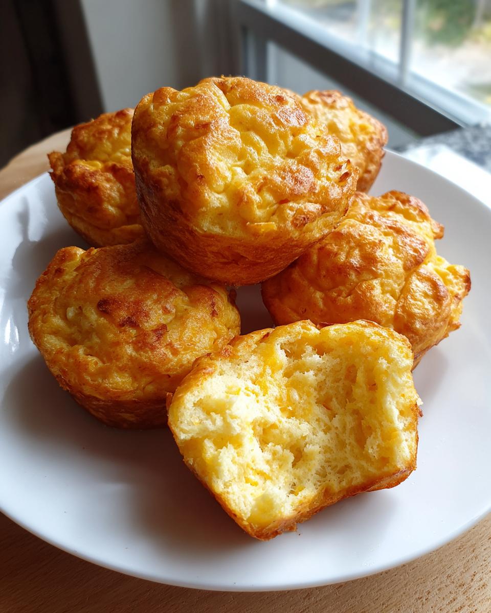 A stack of golden brown, fluffy baked egg bites on a white plate, with one showing a soft, airy interior.