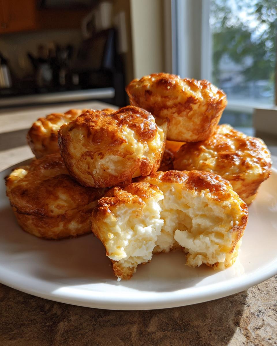 A stack of golden-brown, fluffy baked egg bites on a white plate, with one bite broken open showing the creamy interior.