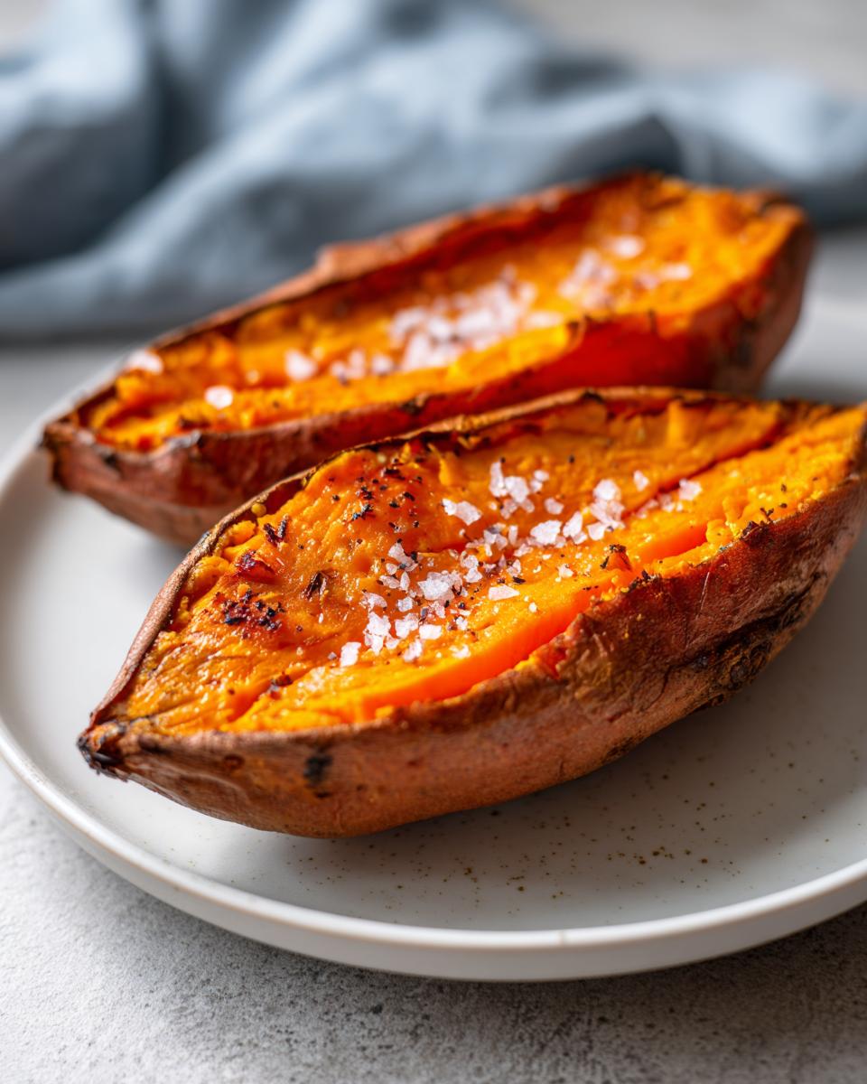 Two halves of a fluffy baked sweet potato, split open and topped with coarse sea salt and pepper.