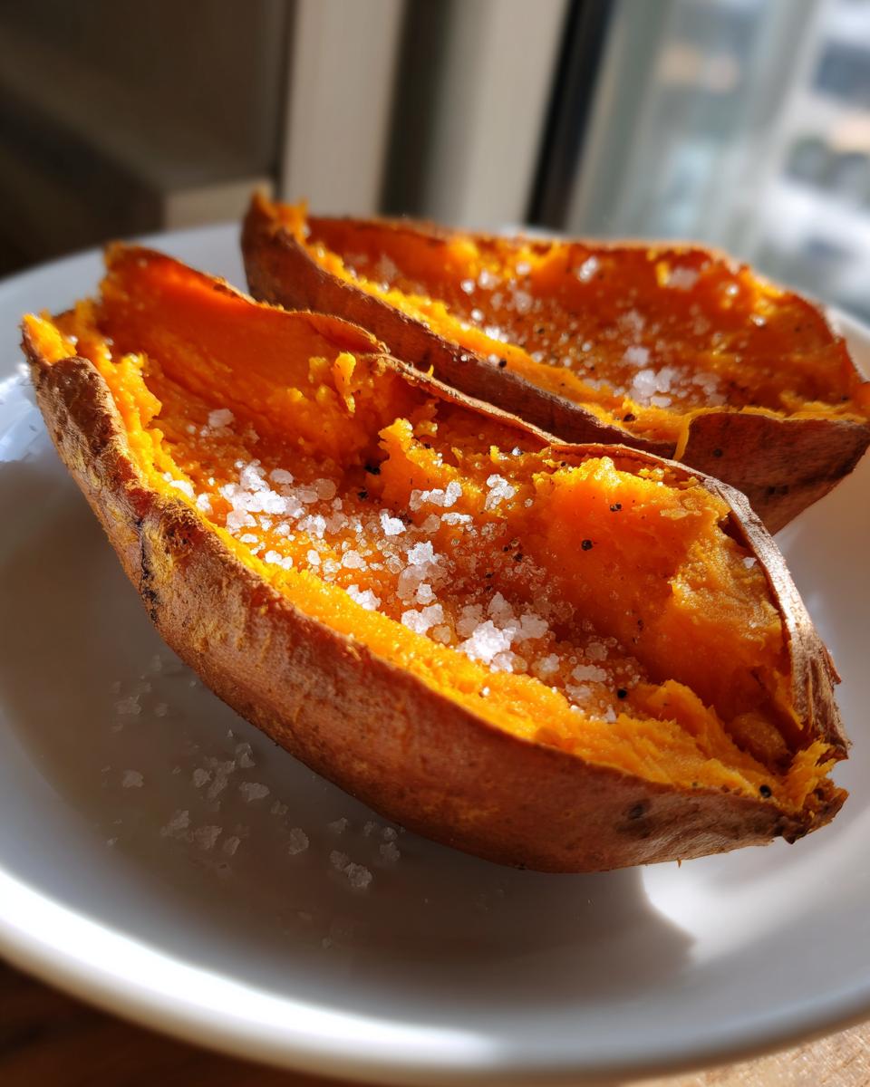 Two halves of a fluffy baked sweet potato, bright orange inside, sprinkled generously with coarse sea salt.