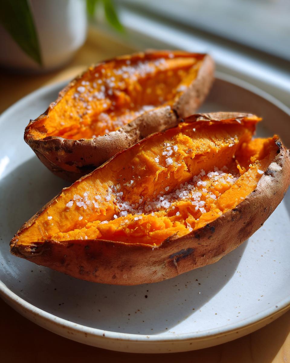 Two halves of a fluffy baked sweet potato sprinkled generously with coarse sea salt, served on a speckled white plate.