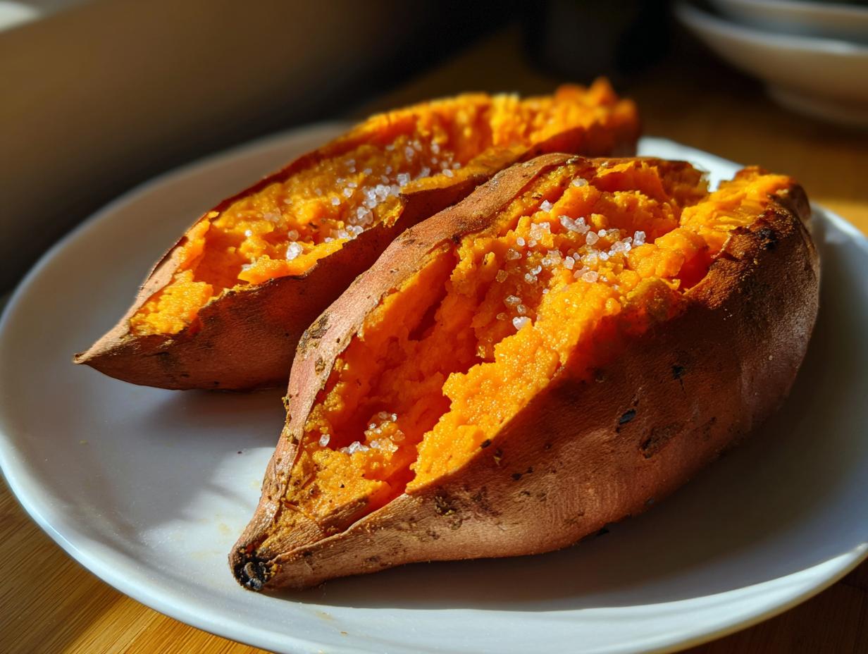 Two halves of a fluffy baked sweet potato, split open and sprinkled with coarse sea salt.