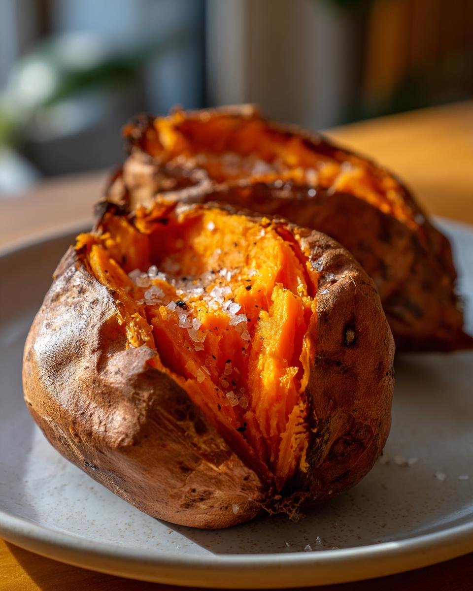 Close-up of a perfectly fluffy baked sweet potato, split open and topped with coarse flaky salt.