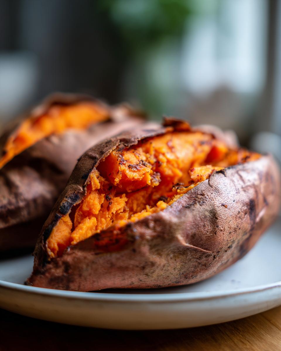 Close-up of fluffy baked sweet potatoes with bright orange flesh exposed on a light plate.