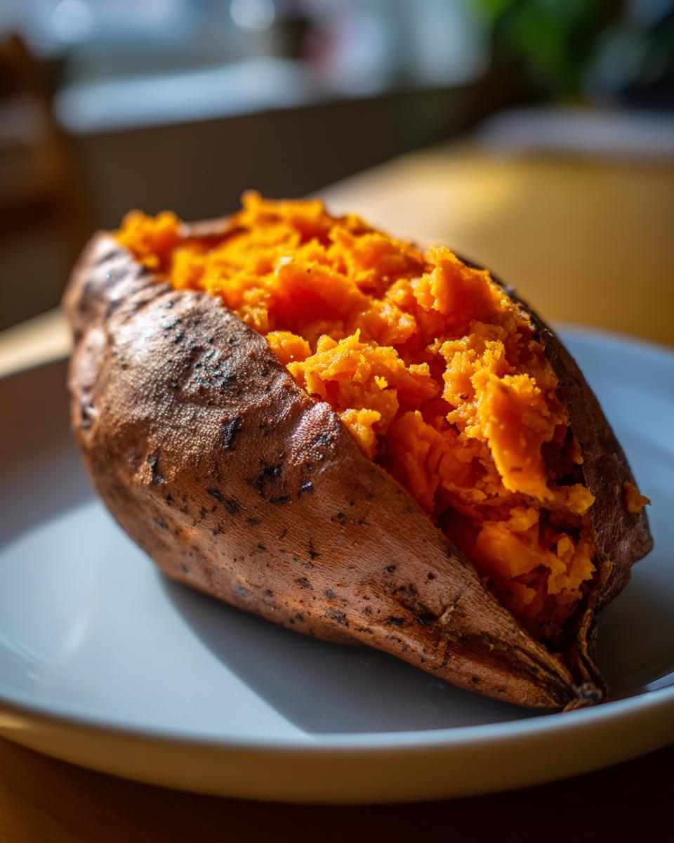 A close-up of a fluffy baked sweet potatoes, split open to reveal the bright orange, mashed interior.