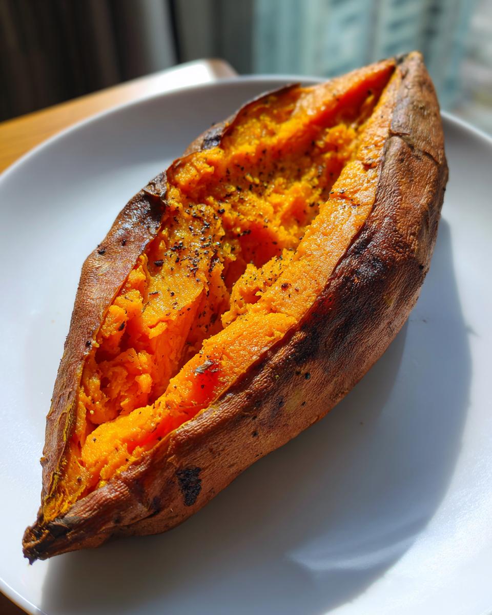 A perfectly cooked, fluffy baked sweet potatoes split open and seasoned with black pepper on a white plate.