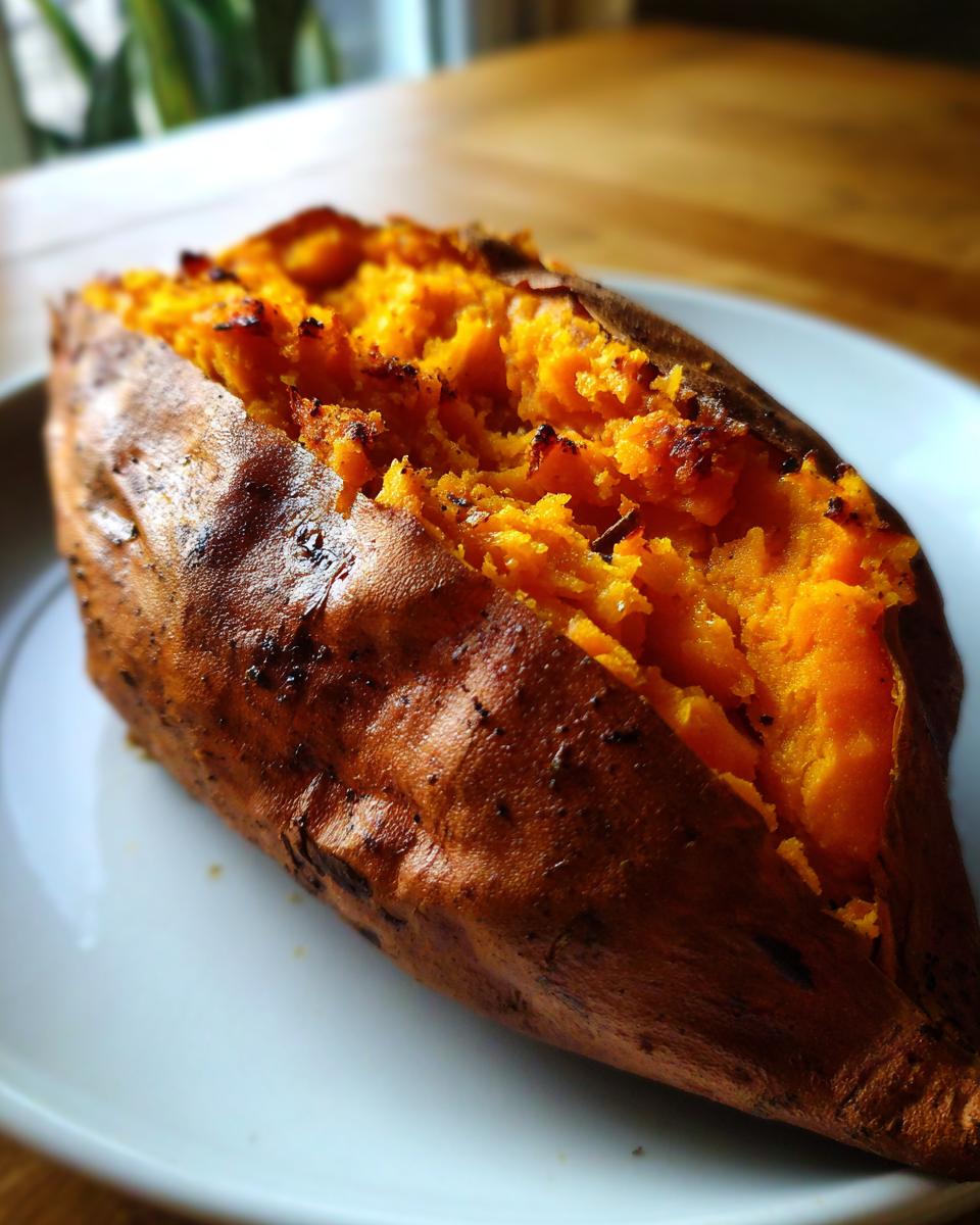 Close-up of a perfectly fluffy baked sweet potatoes, split open to show the bright orange interior.
