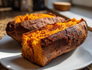 Two halves of fluffy baked sweet potatoes split open, showing bright orange flesh and seasoned skin.