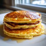 A close-up of a stack of three fluffy banana pancakes generously drizzled with golden syrup.