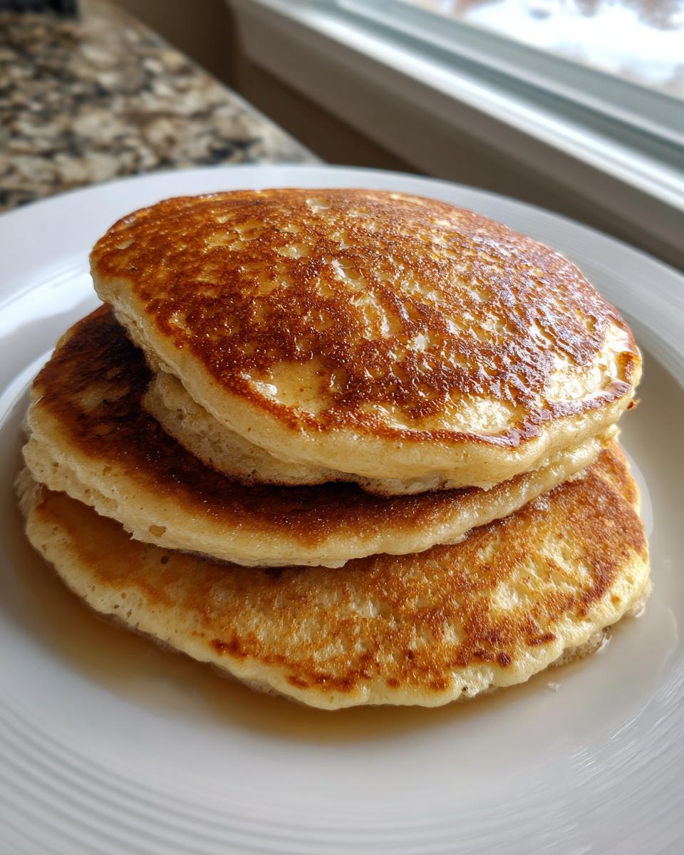 A stack of three golden-brown, fluffy banana pancakes drizzled with syrup on a white plate.