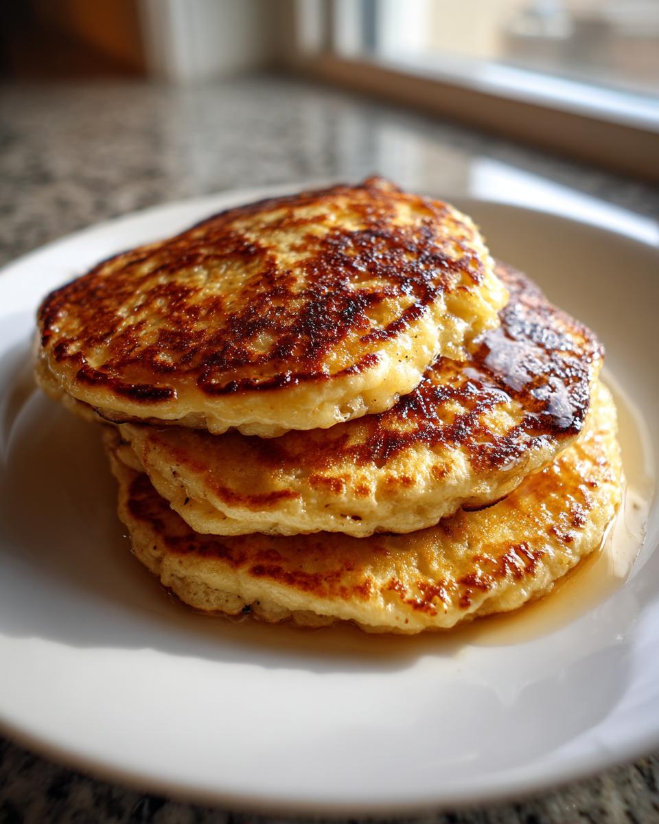 Close-up of a stack of three golden brown banana pancakes drizzled with syrup on a white plate.