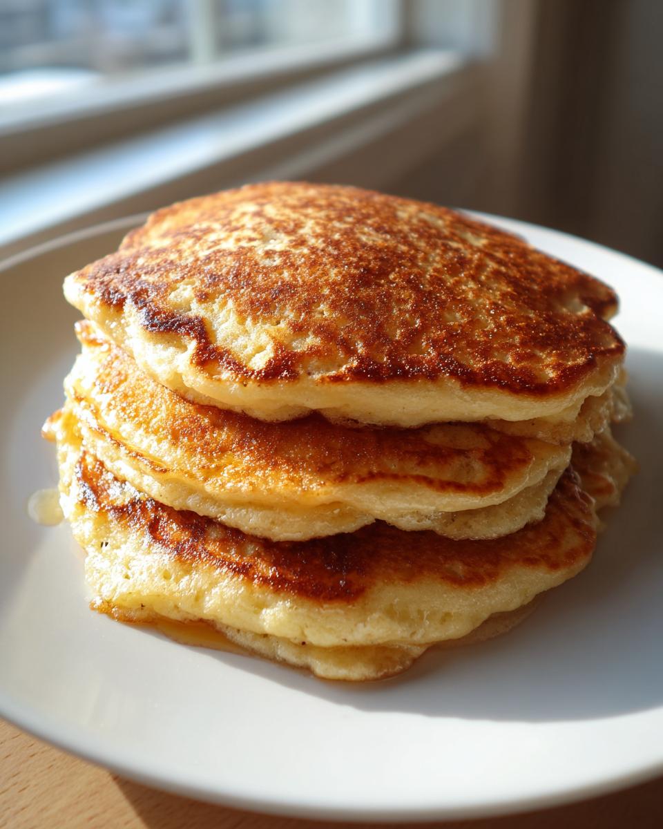 A tall stack of four fluffy banana pancakes with golden-brown, perfectly cooked tops served on a white plate.