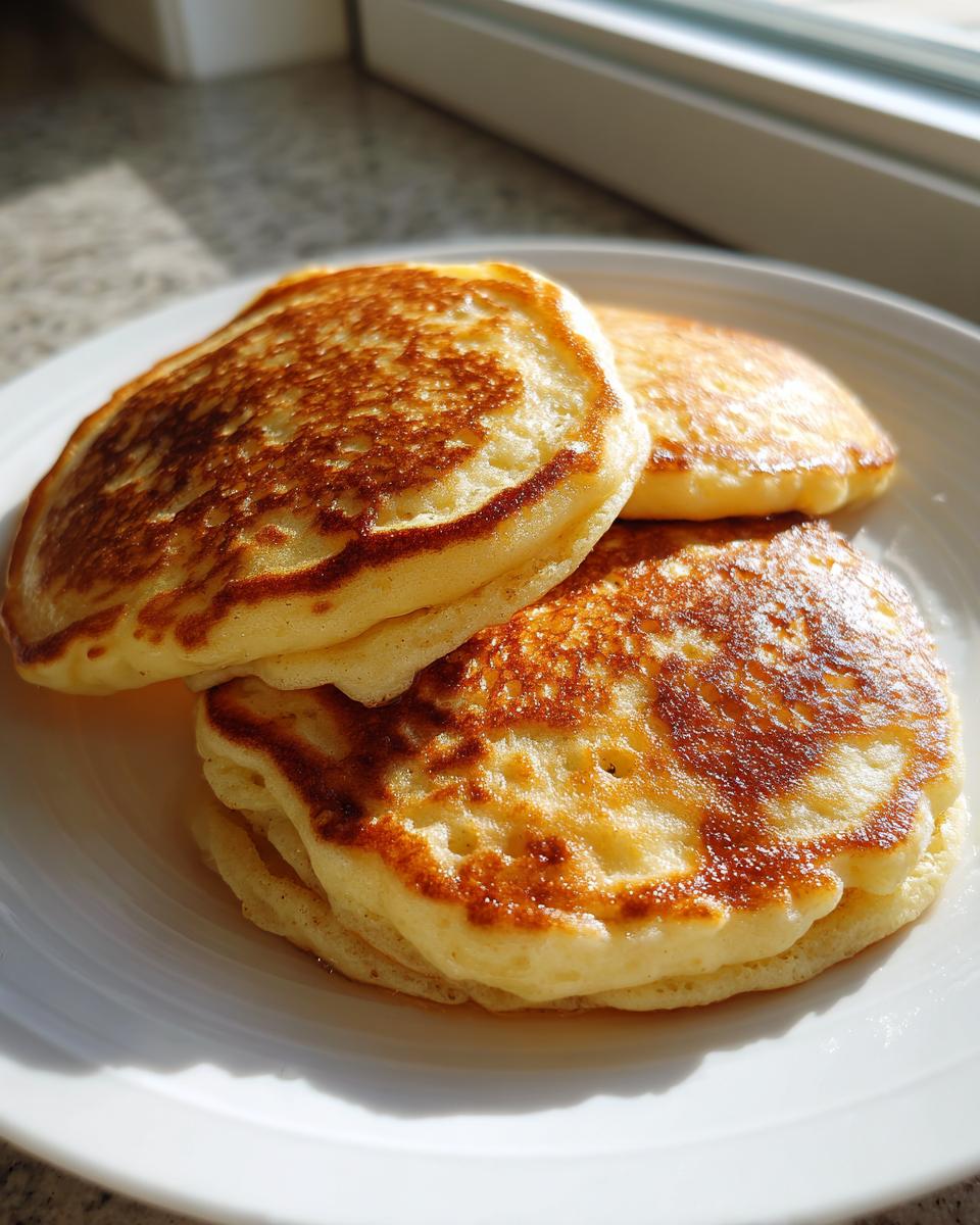 A close-up of three fluffy banana pancakes stacked on a white plate, perfectly golden brown.