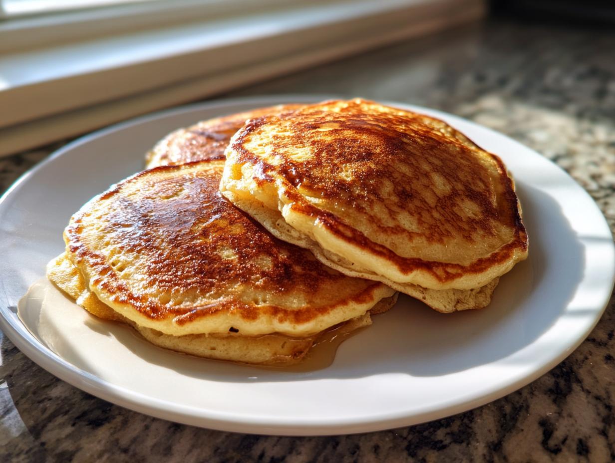 A stack of three golden brown, fluffy banana pancakes drizzled with syrup on a white plate.