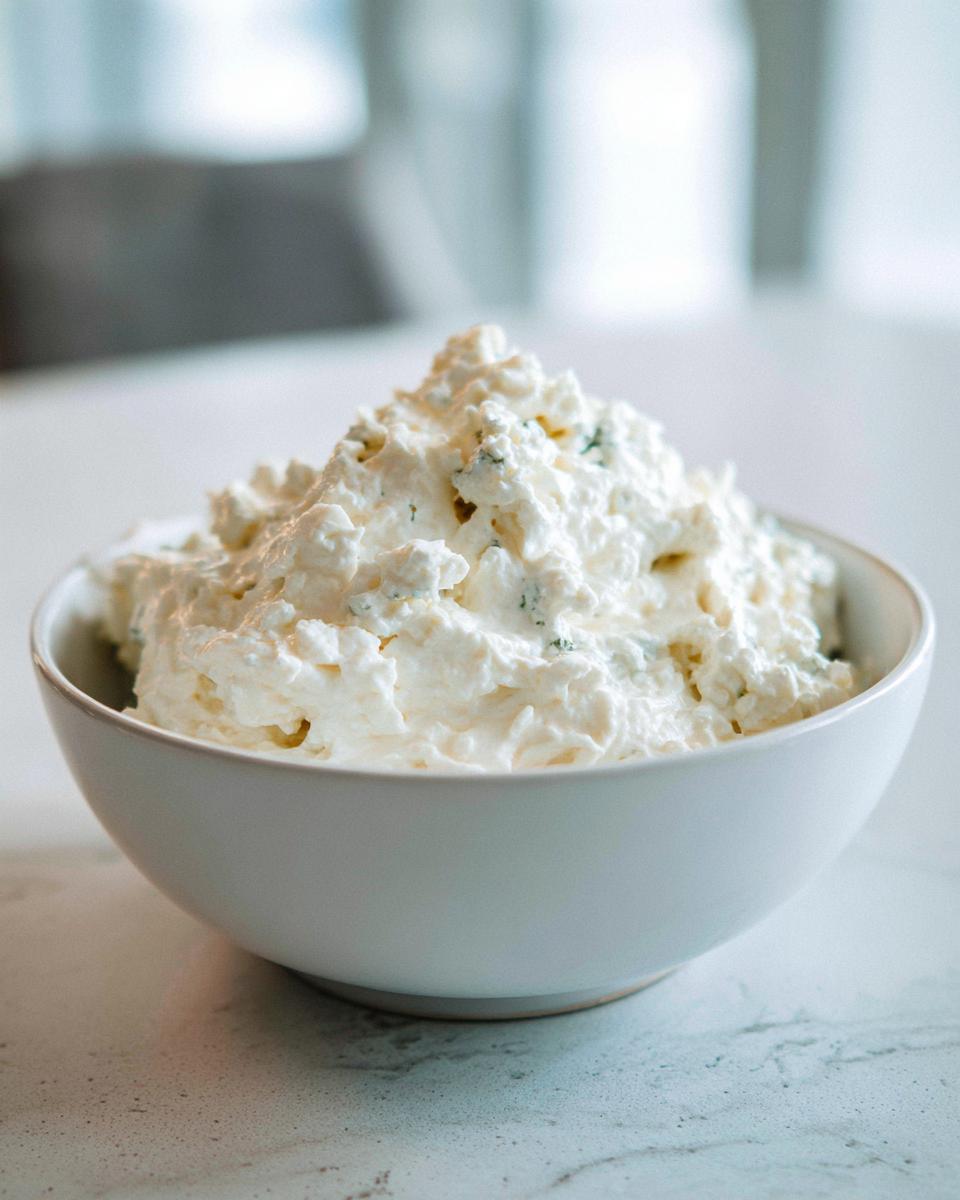 A close-up of a fluffy mound of homemade blue cheese dip served in a simple white bowl.