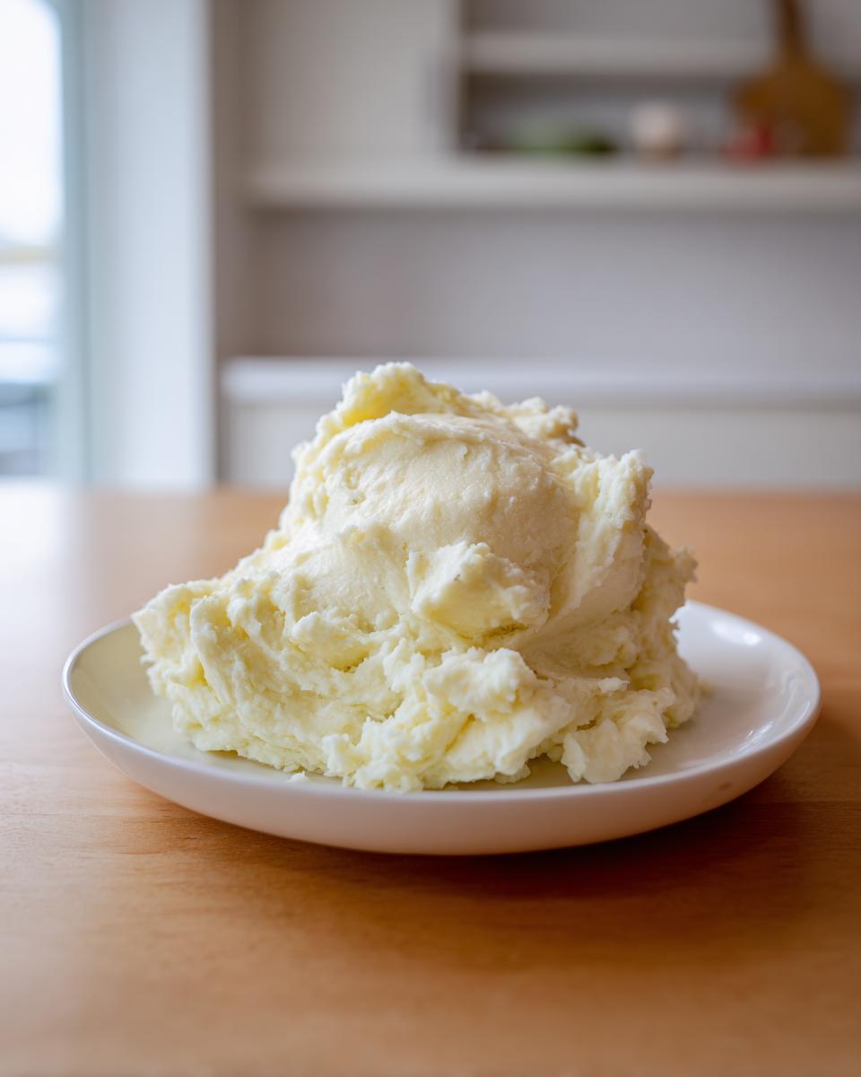 A generous mound of creamy, fluffy Boursin mashed potatoes served on a small white plate.