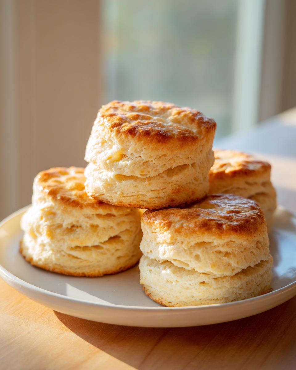 A stack of four golden-brown, fluffy buttermilk biscuits resting on a white plate.