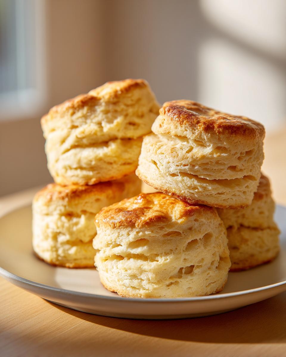 A stack of five freshly baked, tall, and fluffy buttermilk biscuits with golden brown tops sitting on a light plate.