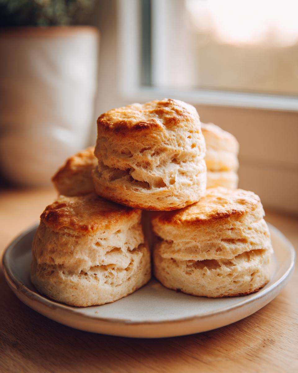 A stack of four golden-brown, fluffy buttermilk biscuits served on a small plate near a window.
