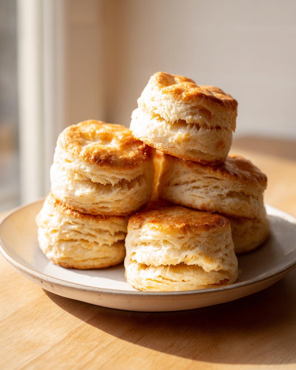 A stack of five golden-brown, flaky buttermilk biscuits piled high on a light ceramic plate.