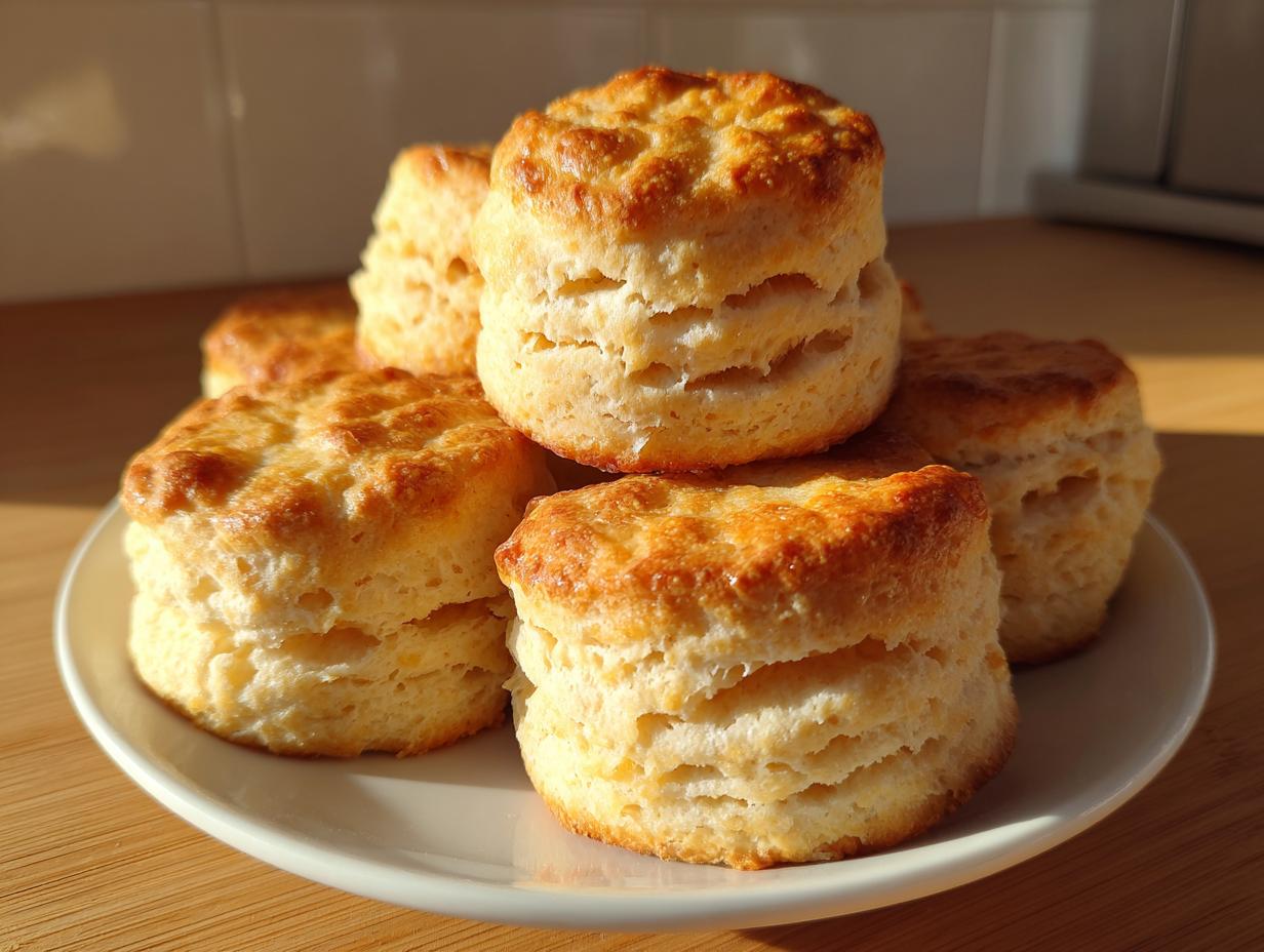 A close-up of several tall, flaky buttermilk biscuits stacked on a white plate, golden brown on top.