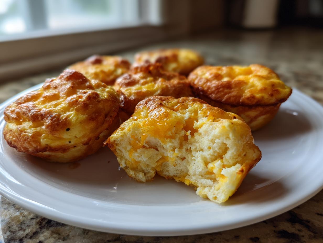 Close-up of several golden-brown, fluffy egg bites on a white plate, one bitten into, showing melted cheddar cheese inside.