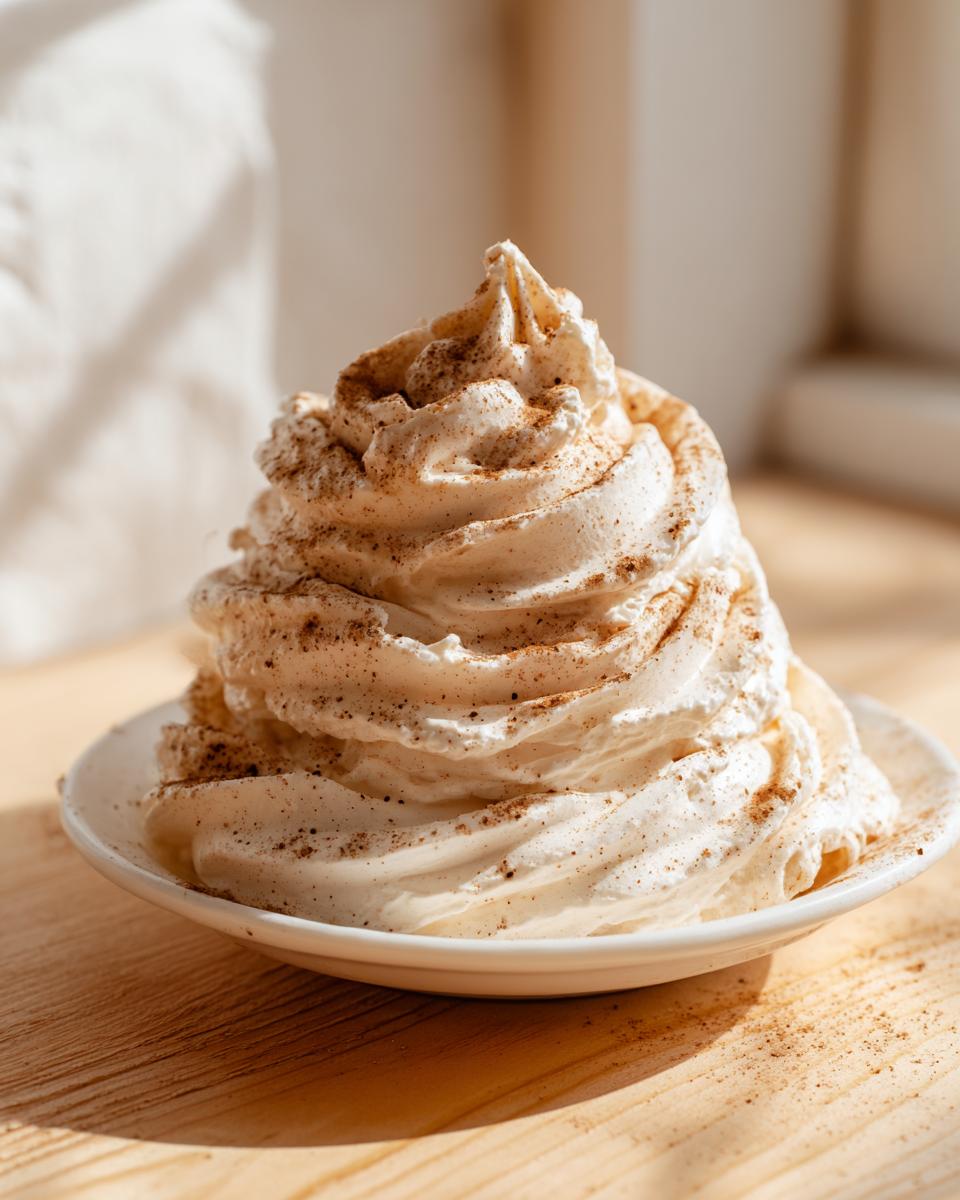 A tall swirl of fluffy, light-colored cinnamon butter, dusted heavily with ground cinnamon, sits on a small white saucer.