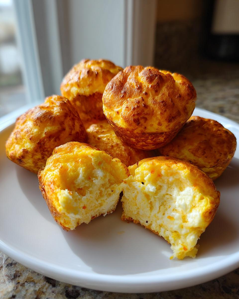 A plate of golden brown, fluffy egg bites, with one cut in half showing the airy texture inside.