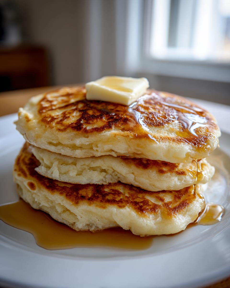 Close-up of three fluffy pancakes stacked, topped with melting butter and drizzled with syrup, showcasing perfect pancakes.