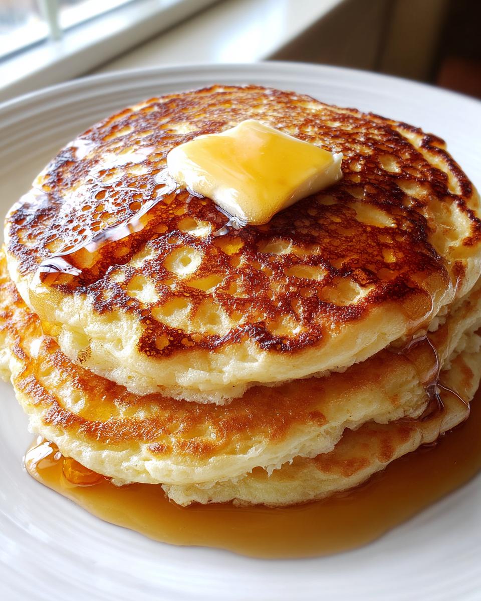 Close-up of a tall stack of fluffy golden brown pancakes topped with melting butter and drizzled with syrup.