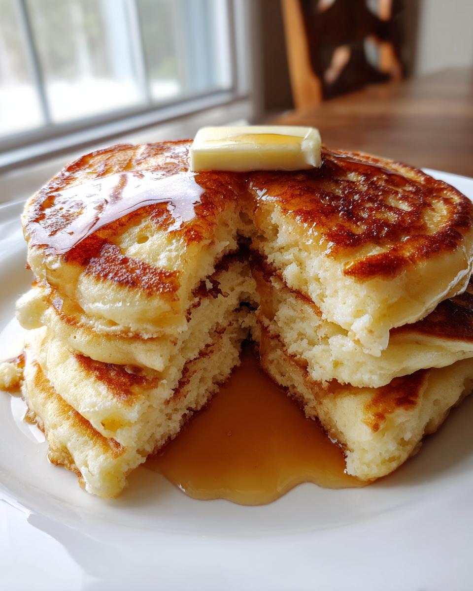 A close-up of a tall stack of fluffy pancakes, cut open to show the texture, topped with butter and drizzled with maple syrup.