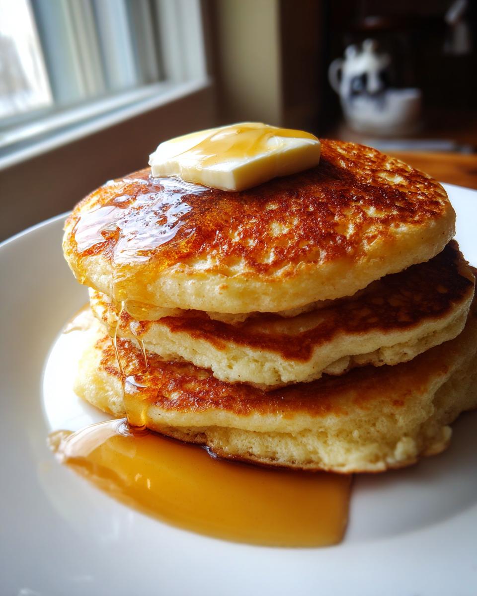 A close-up of three fluffy pancakes stacked high, topped with melting butter and drizzled with maple syrup.