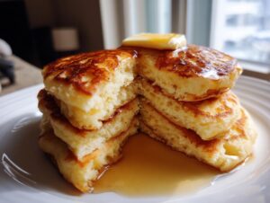 A tall stack of fluffy pancakes cut open to show the texture, topped with melting butter and drizzled with syrup. These are perfect pancakes.