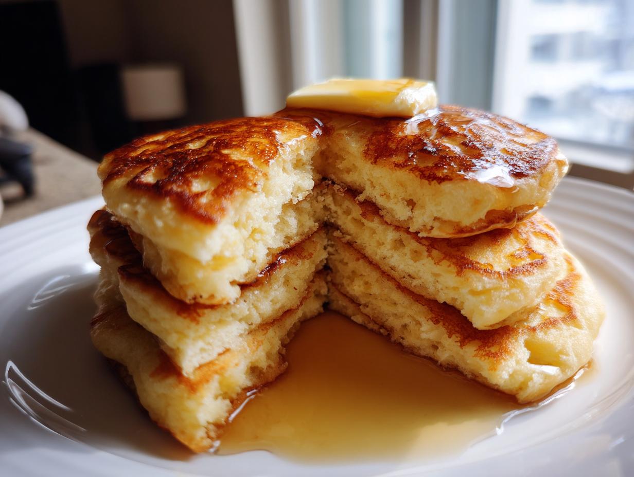 A tall stack of fluffy pancakes cut open to show the texture, topped with melting butter and drizzled with syrup. These are perfect pancakes.