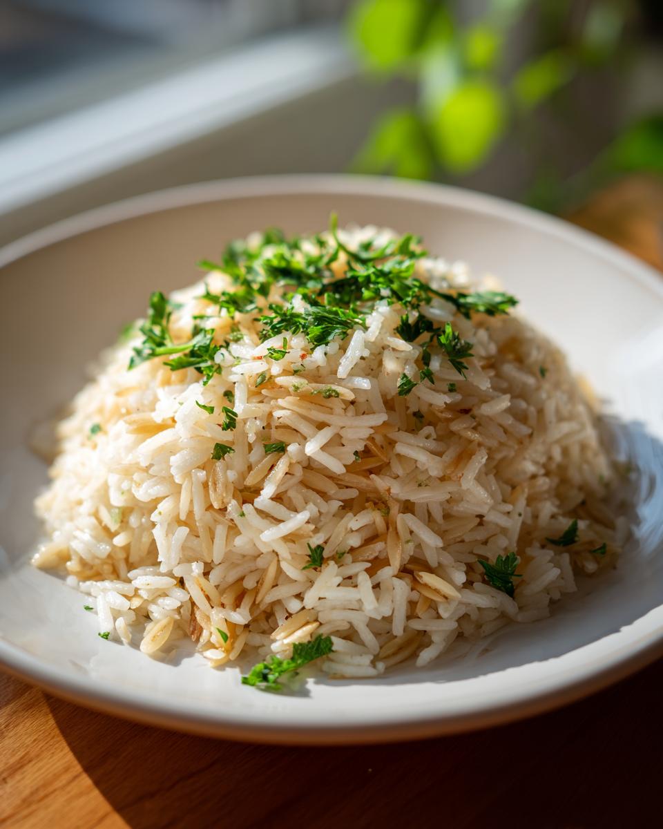 A mound of fluffy rice pilaf, featuring toasted vermicelli, served on a white plate and garnished with chopped fresh parsley.