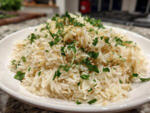 A close-up of fluffy rice pilaf mixed with toasted orzo and garnished with fresh chopped parsley.