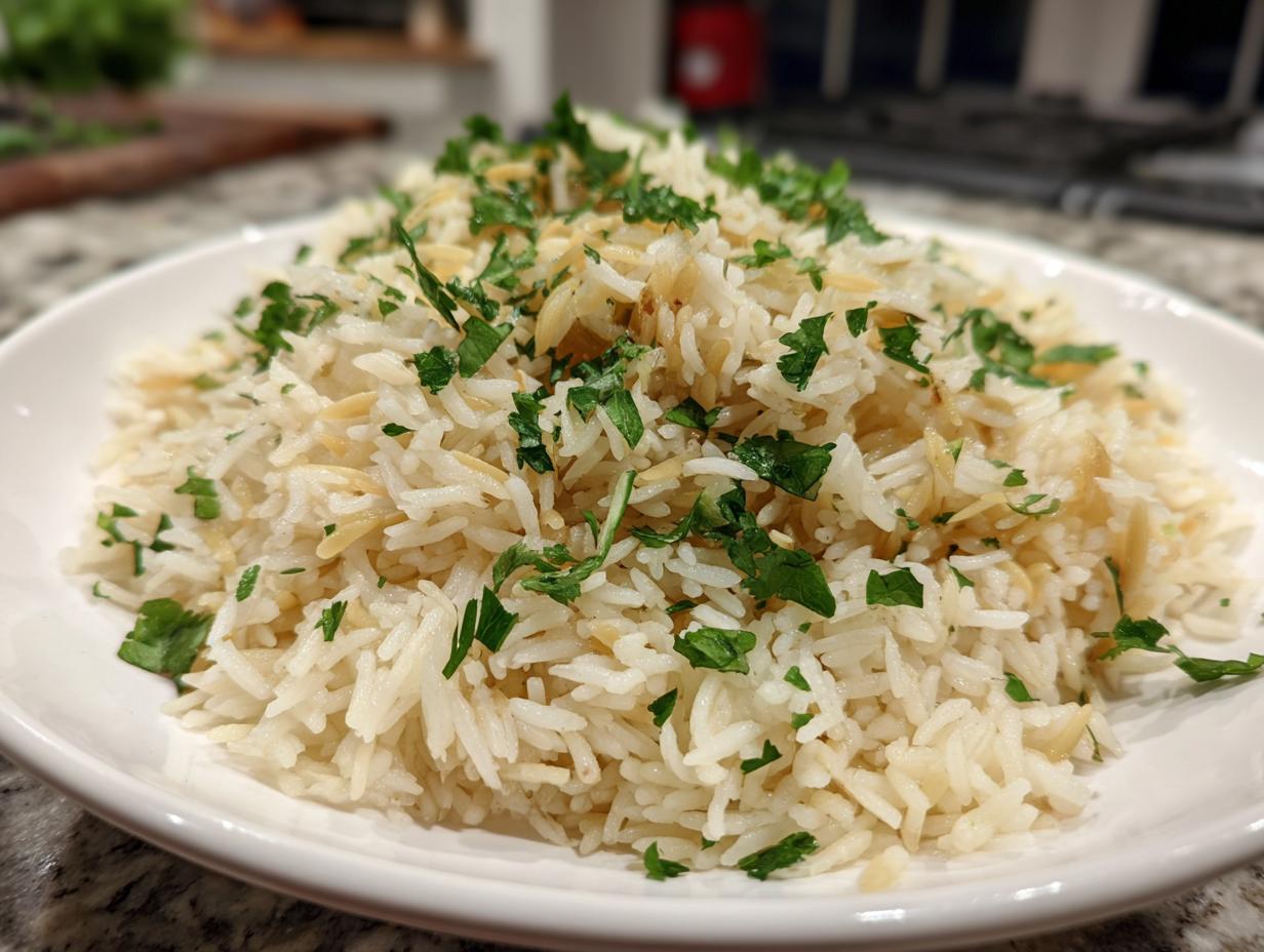 A close-up of fluffy rice pilaf mixed with toasted orzo and garnished with fresh chopped parsley.