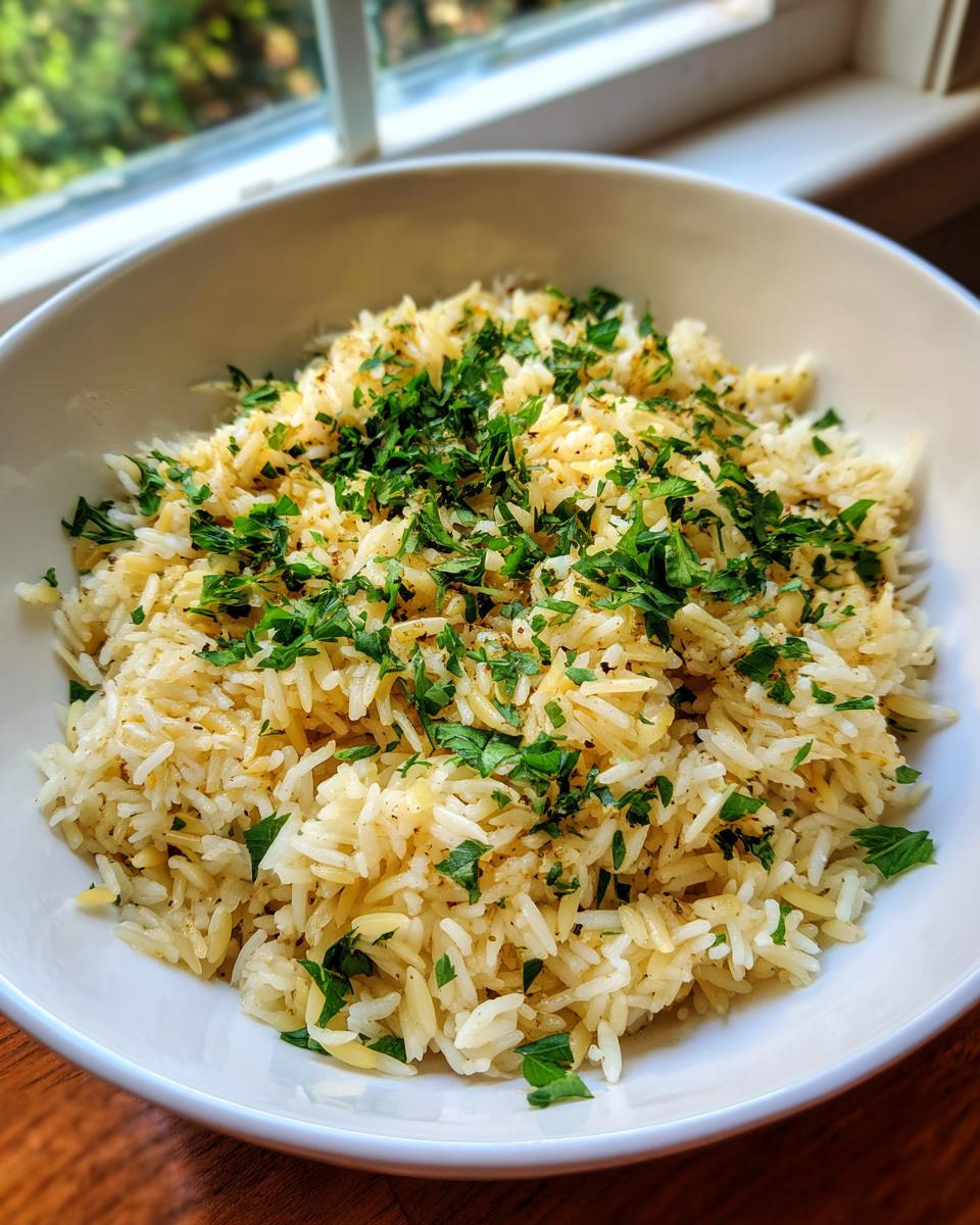 A white bowl filled with fluffy rice pilaf, garnished generously with chopped fresh parsley.