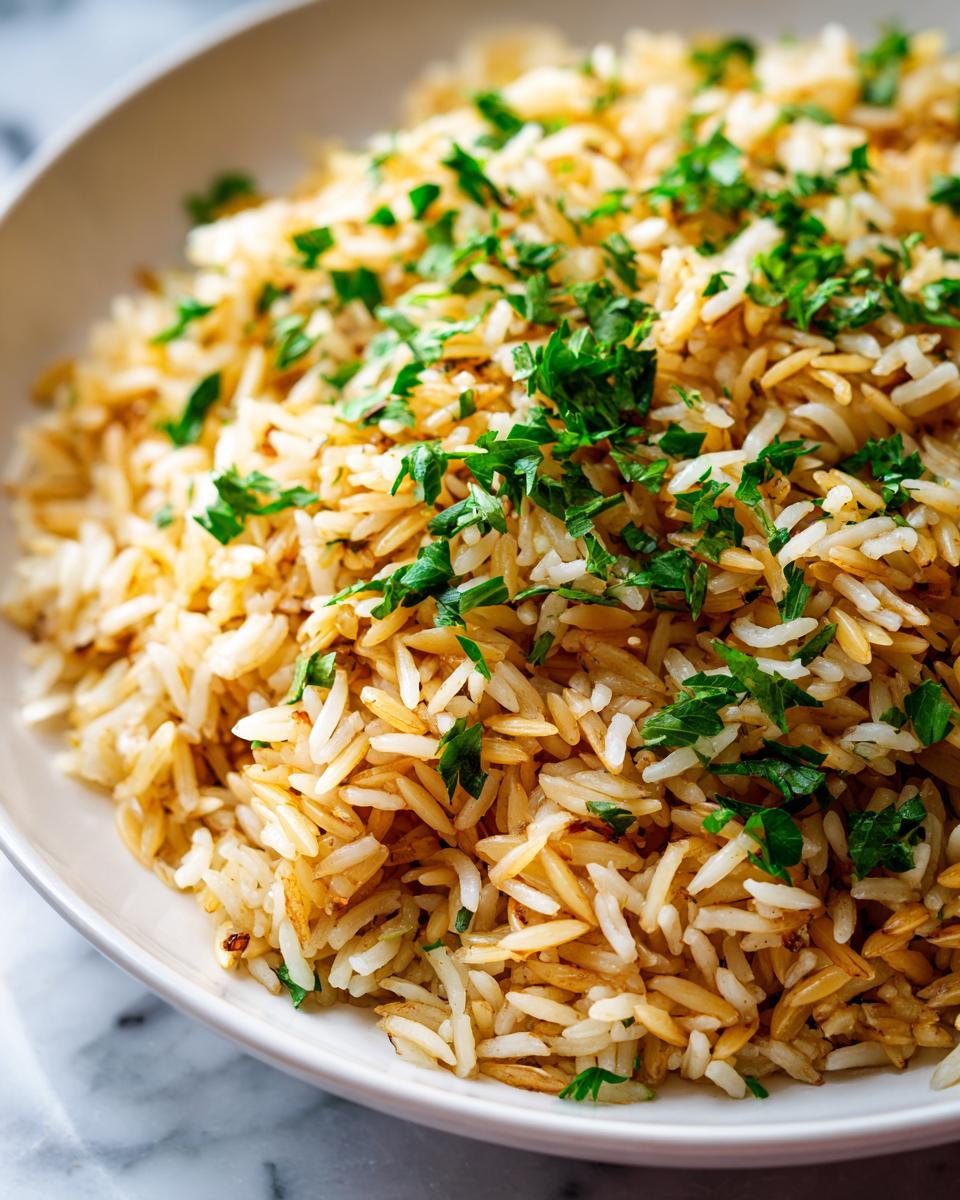 Close-up of a bowl of fluffy, golden brown rice pilaf garnished generously with chopped green parsley.