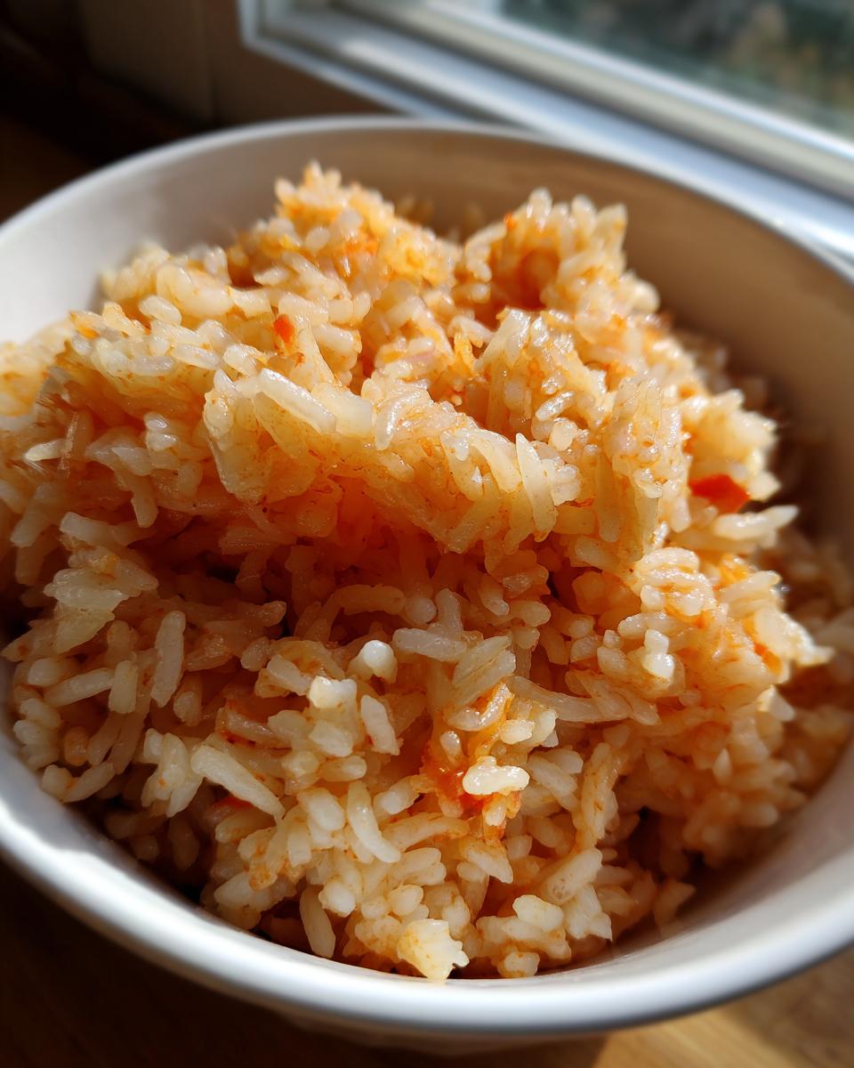 Close-up of fluffy, perfectly seasoned Spanish rice served in a white bowl, highlighted by natural sunlight.