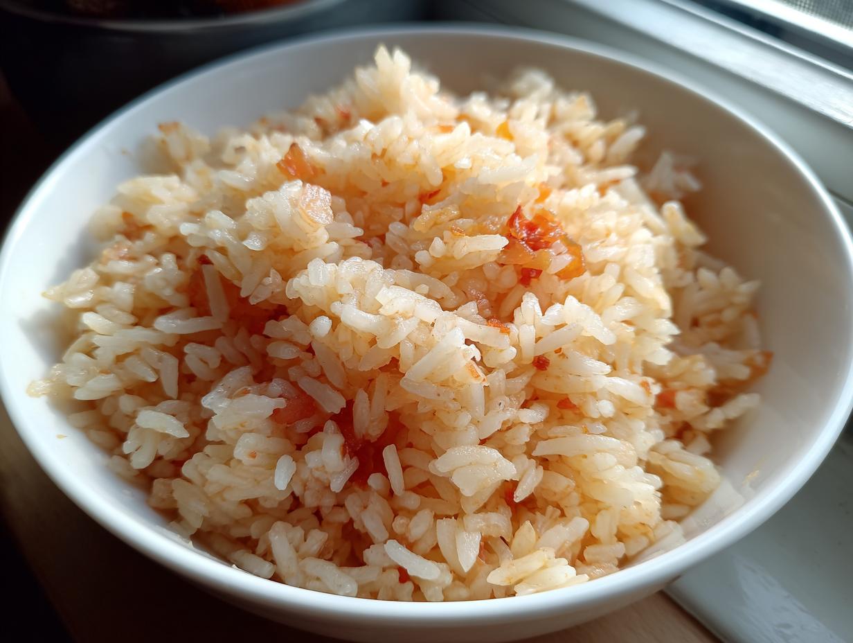 A close-up view of fluffy, seasoned spanish rice served in a small white bowl near a window.