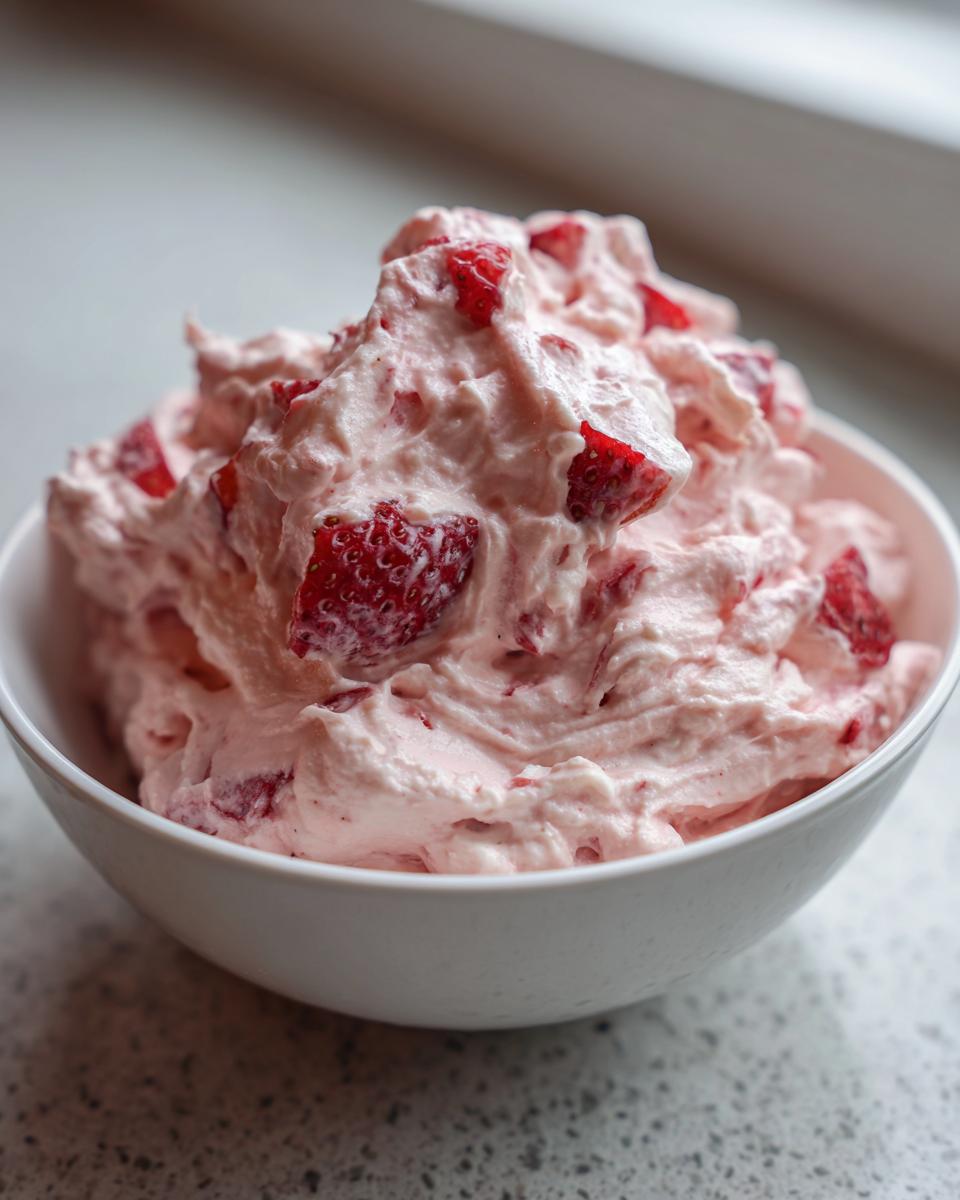 Close-up of a fluffy, pink strawberry cheesecake dip loaded with chunks of fresh strawberries in a white bowl.