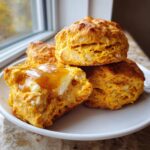 A stack of fluffy, orange-hued sweet potato biscuits, one split open with butter and honey.